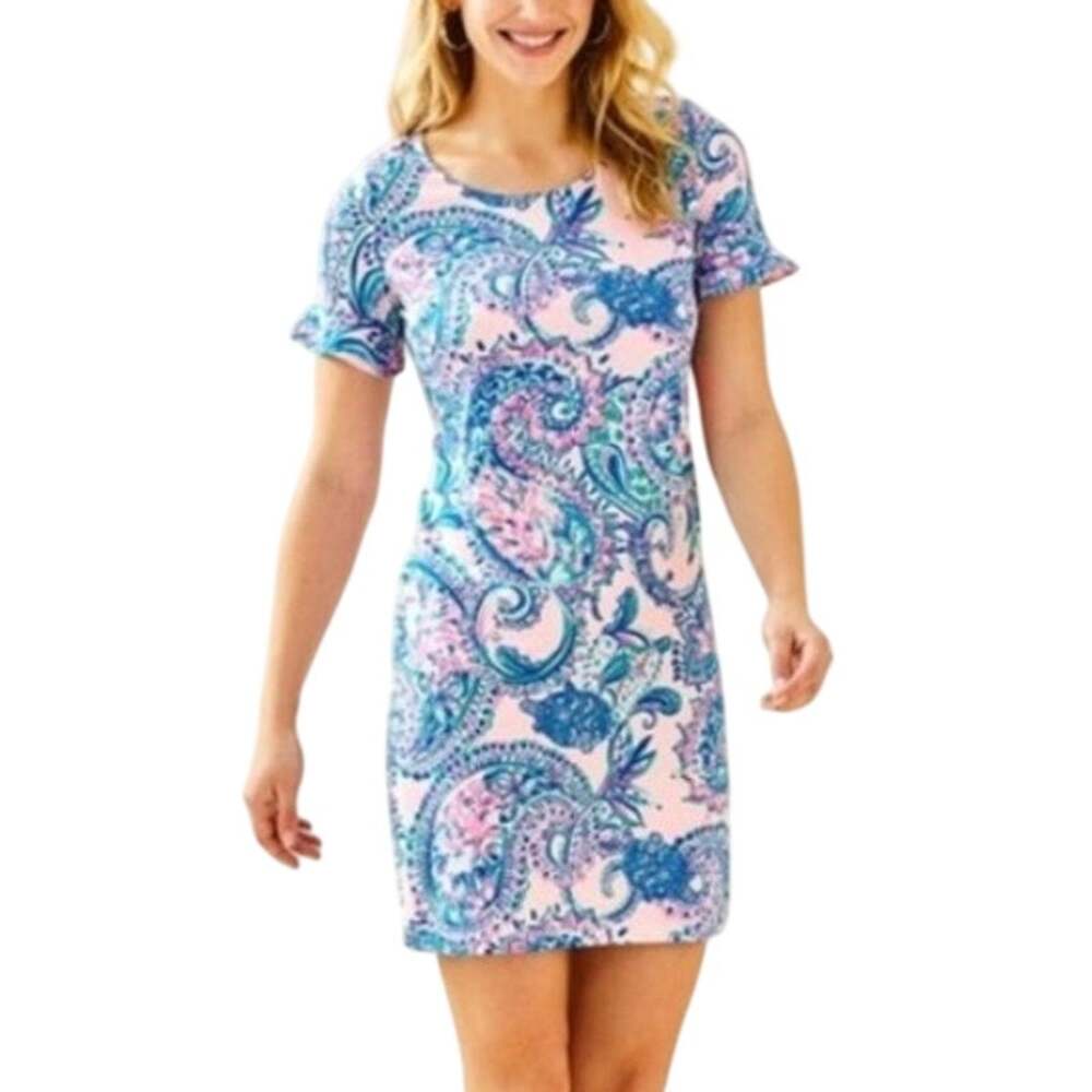 Lilly Pulitzer Mellorie Dress Medium Blue Pink Paisley Ruffle Open Tie Mini